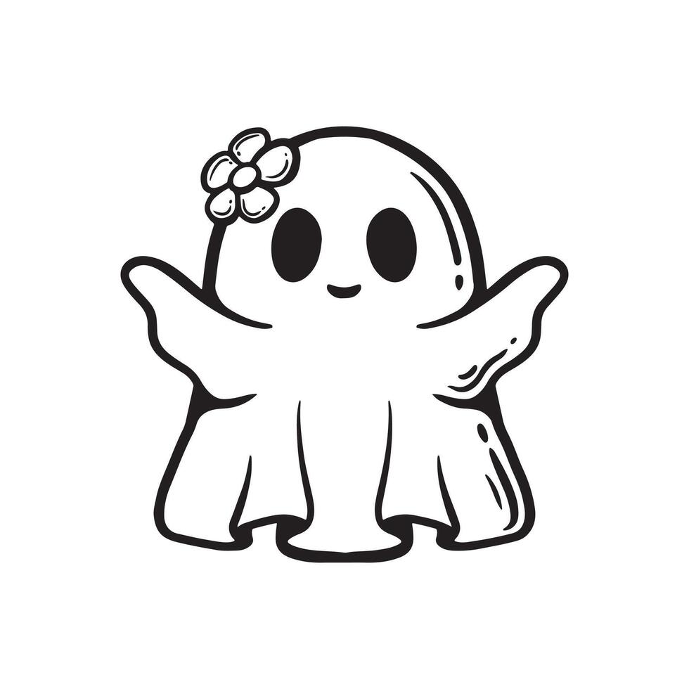 lone art illustration cute ghost with flower pin sticker design vector