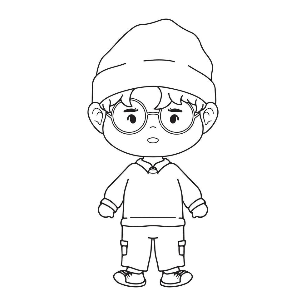 illustration art cute chibi boy using binnie hat and sweater character design vector
