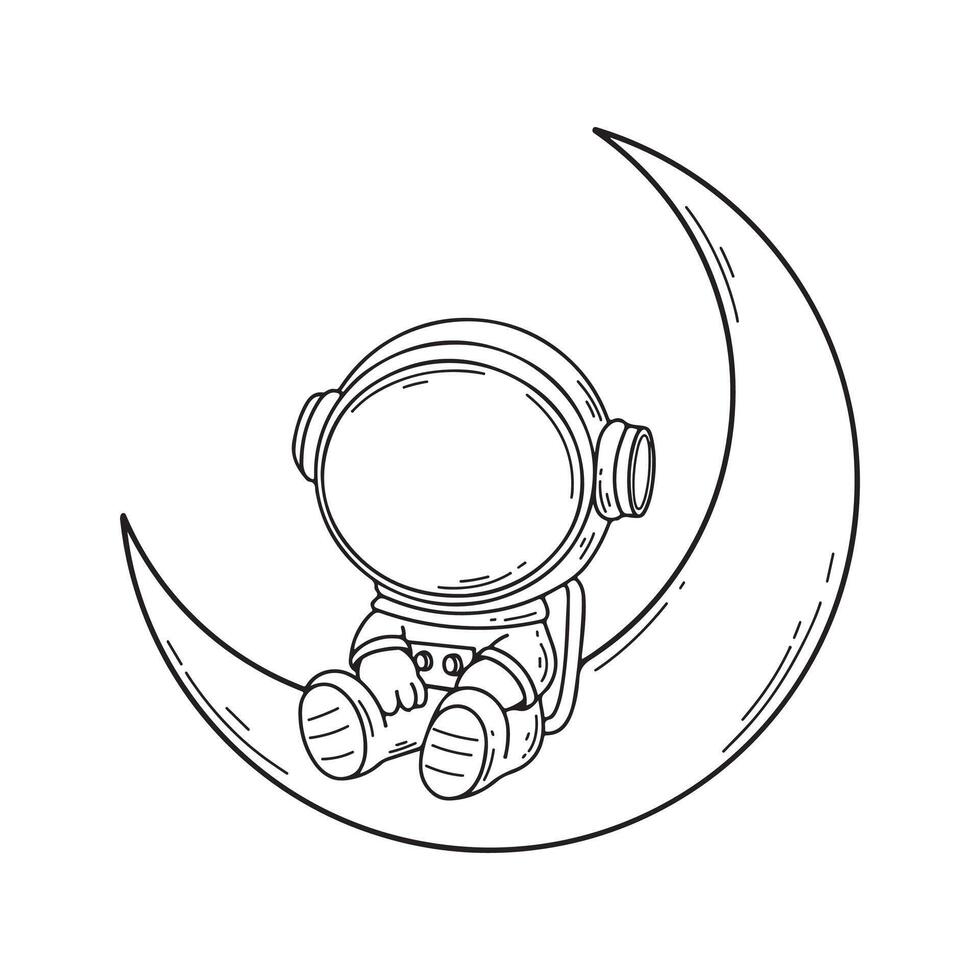 illustration art cute astronaut sitting on the moon line art character sticker design vector