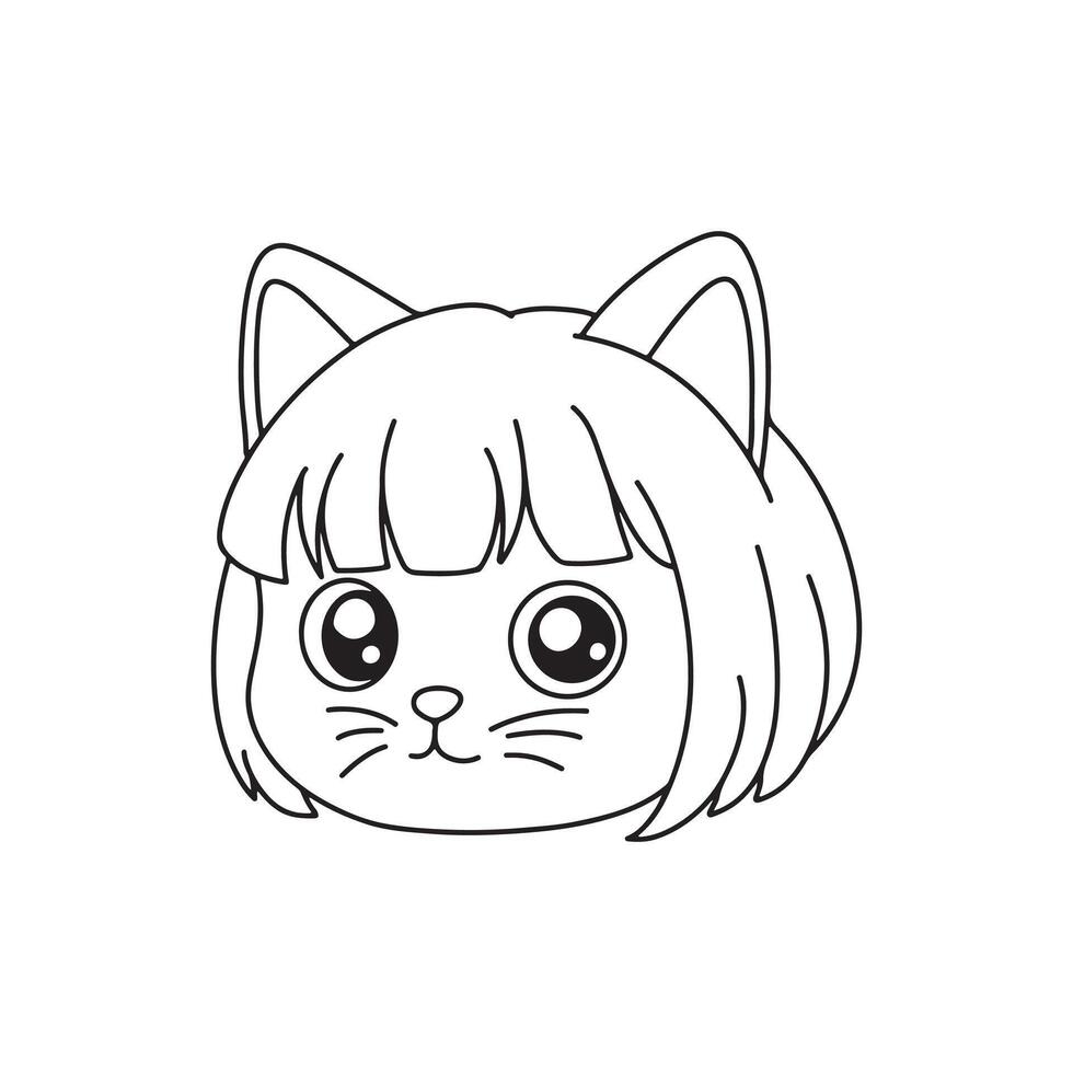 illustration art cute cat wearing bob wig line art design vector