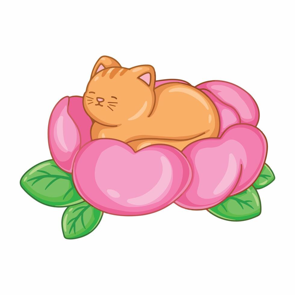 illustration art cute cat lying on the top of pink flower sticker design vector