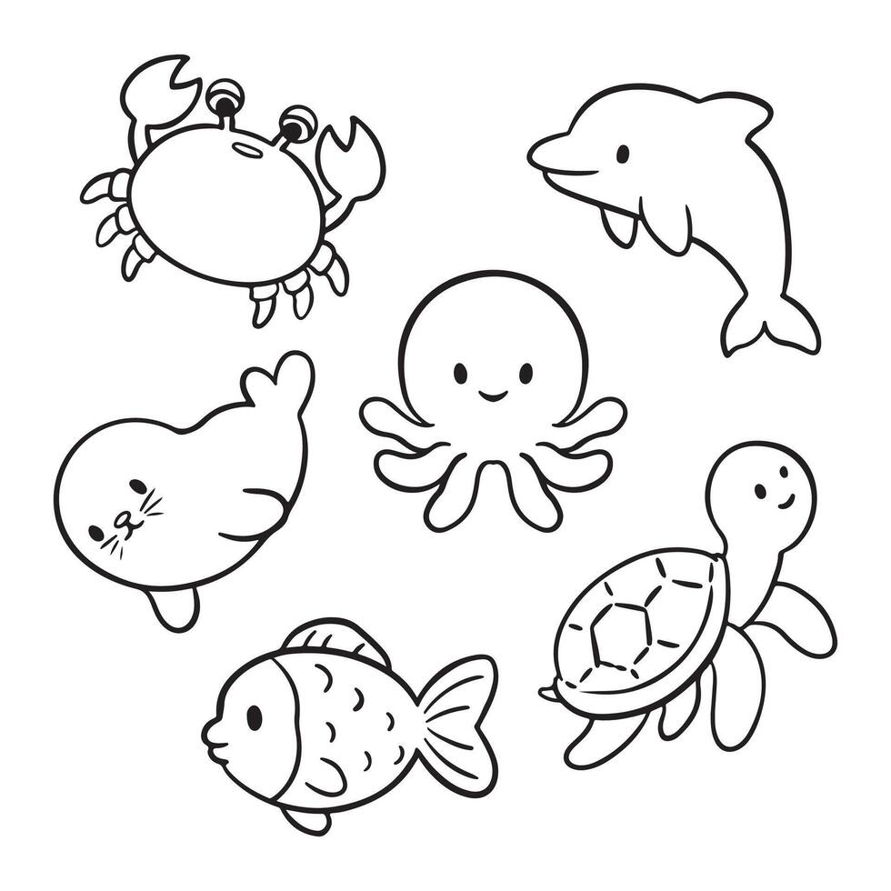illustration art cute doodle sea animal sticker design vector