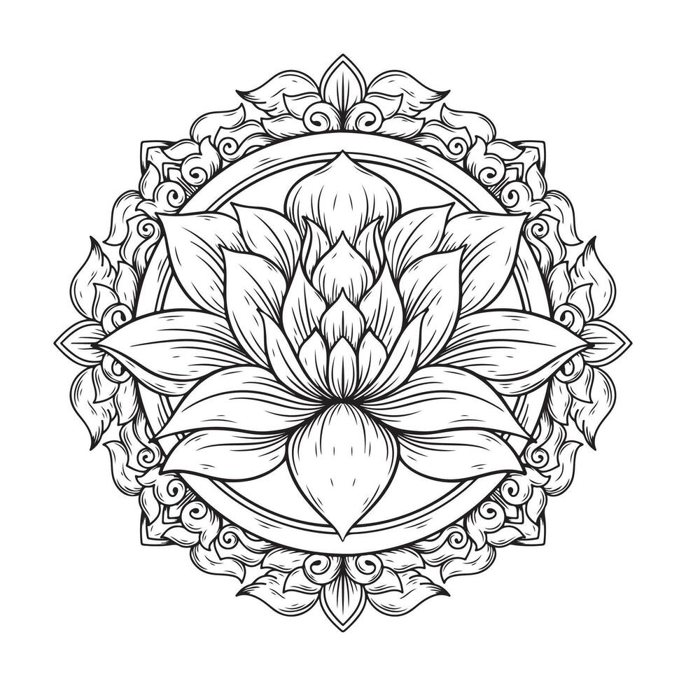 illustration art black and white hand drawn lotus flower and engraving ornamnet tattoo and t-shirt design vector