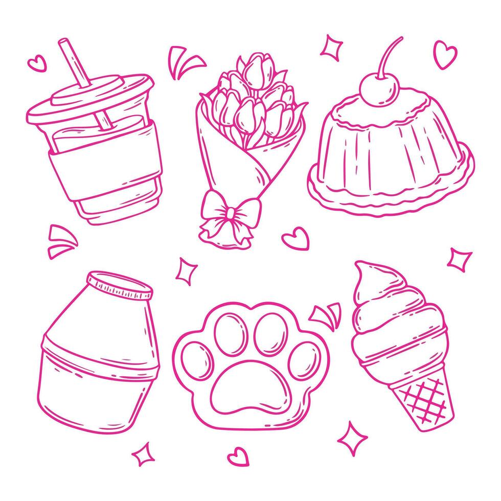 illustration art cute pink doodle milk, flower, ice cream, pudding and cat paw sticker design vector