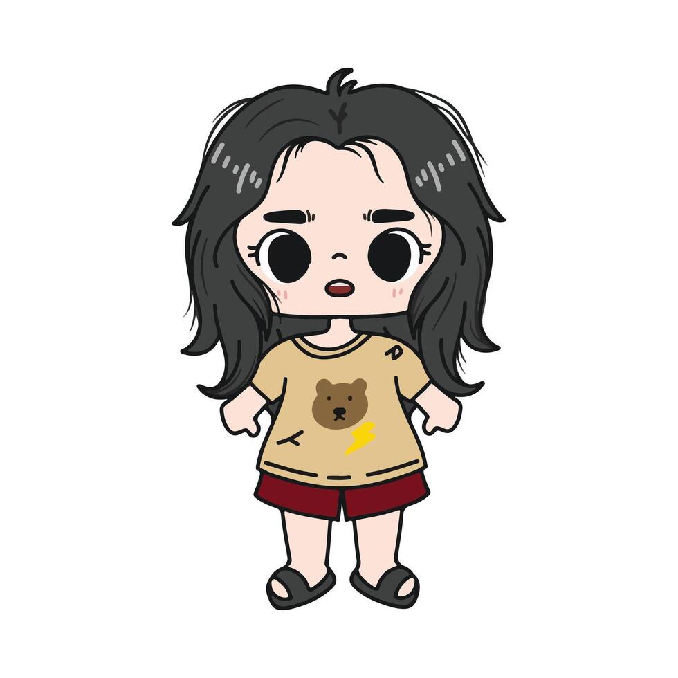 illustration art cute chibi girl wearing t-shirt and red short pants sticker character design vector