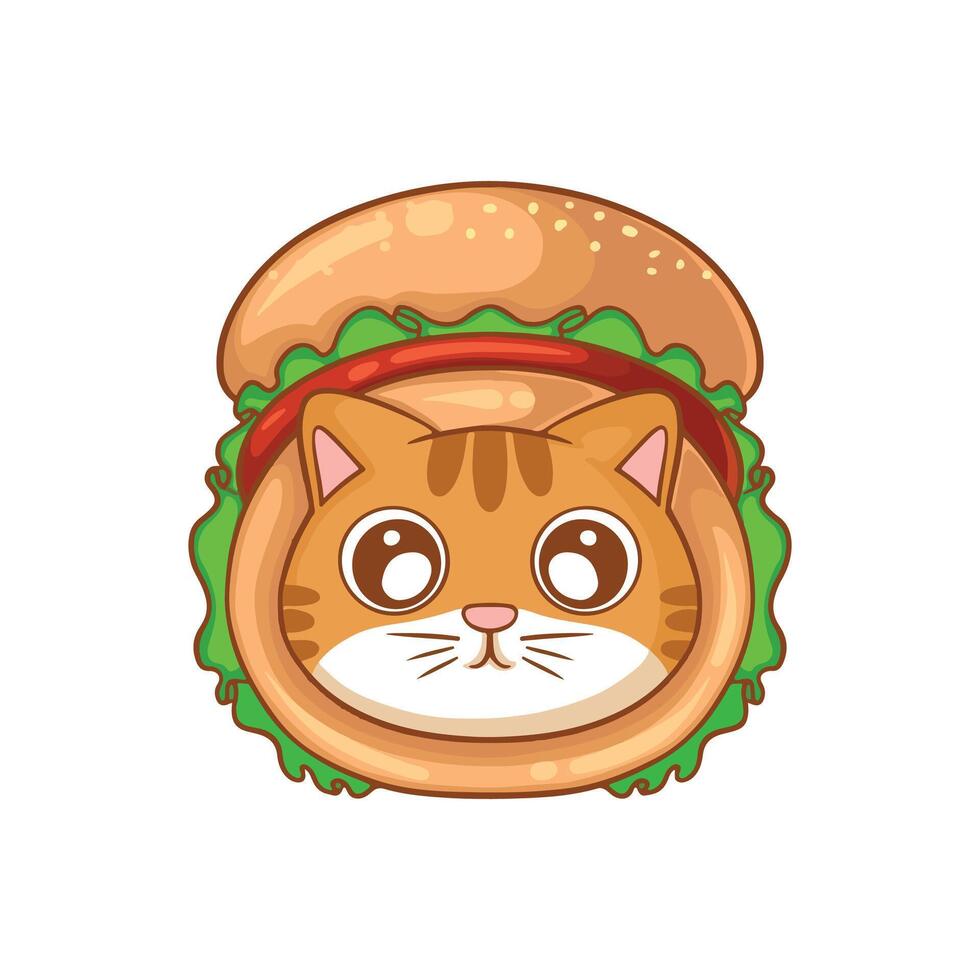 illustration art cute orange cat wearing burger hat sticker design vector