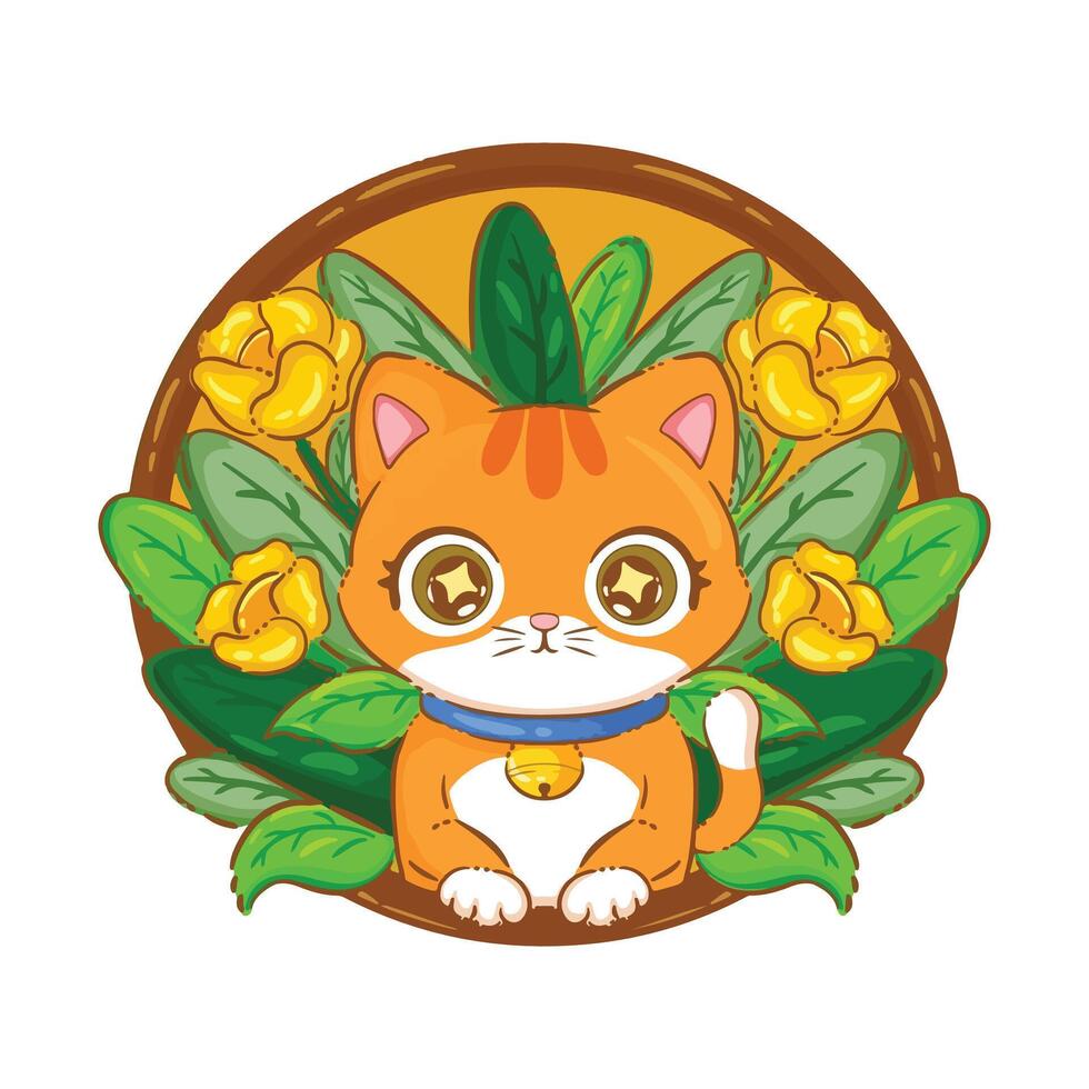 illustration art cute orange cat and leaves sticker design vector