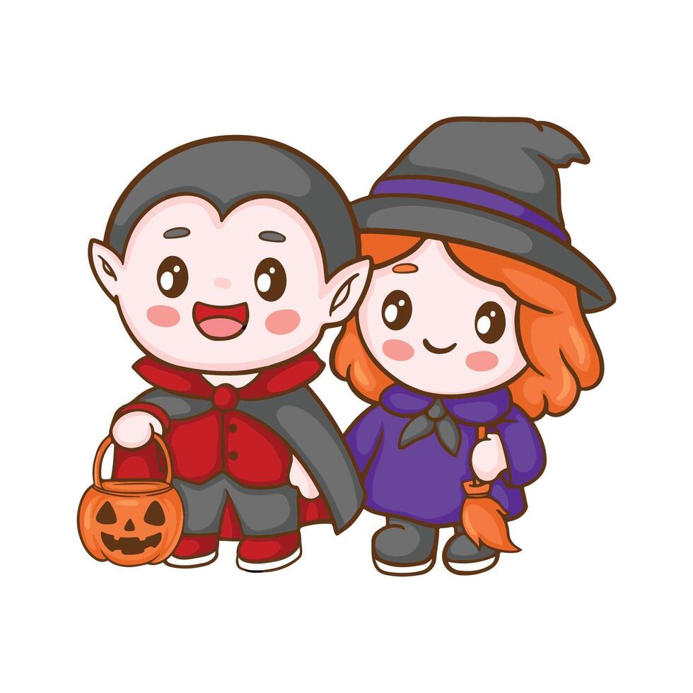 illustration art cute vampire and witch sticker and t-shirt design vector