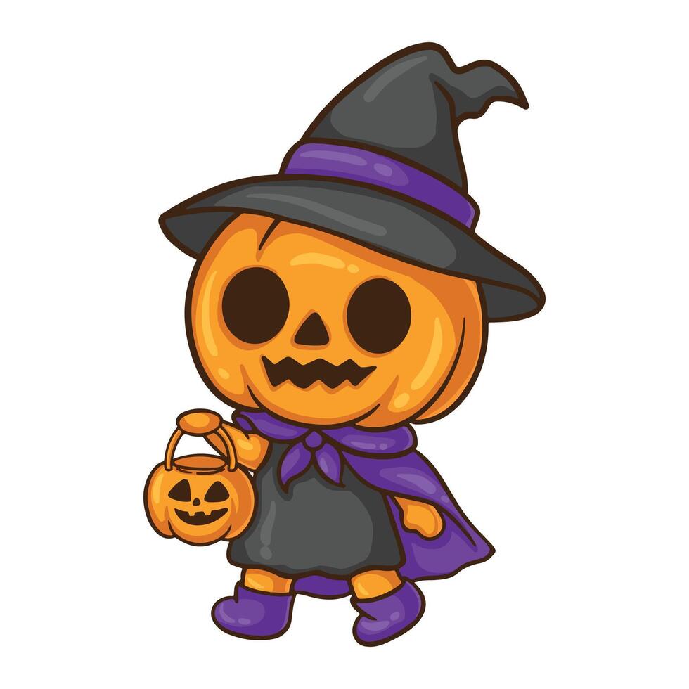 illustration art cute pumpkin character holding pumpkin bucket treat or trick vector