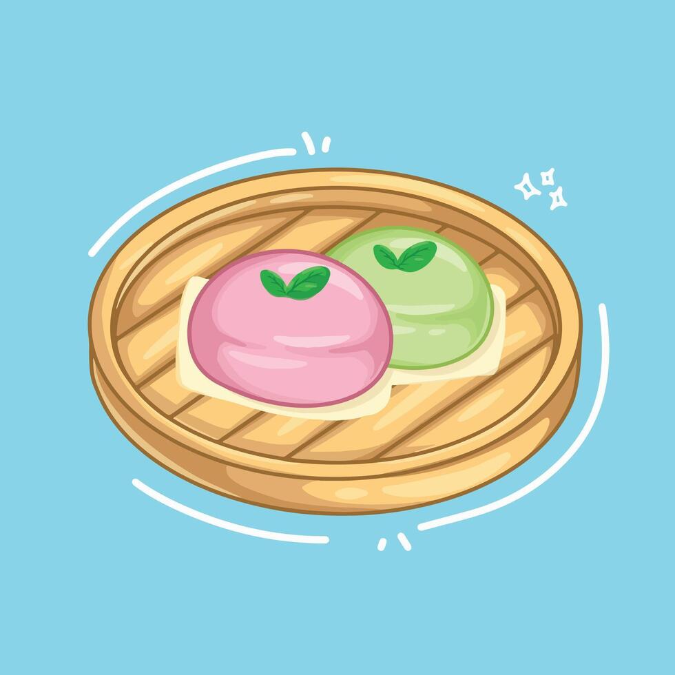 illustration art cute mochi on the wooden tray sticker design vector