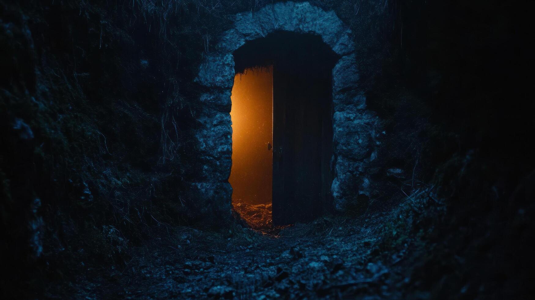 A dark tunnel with a door at the end photo