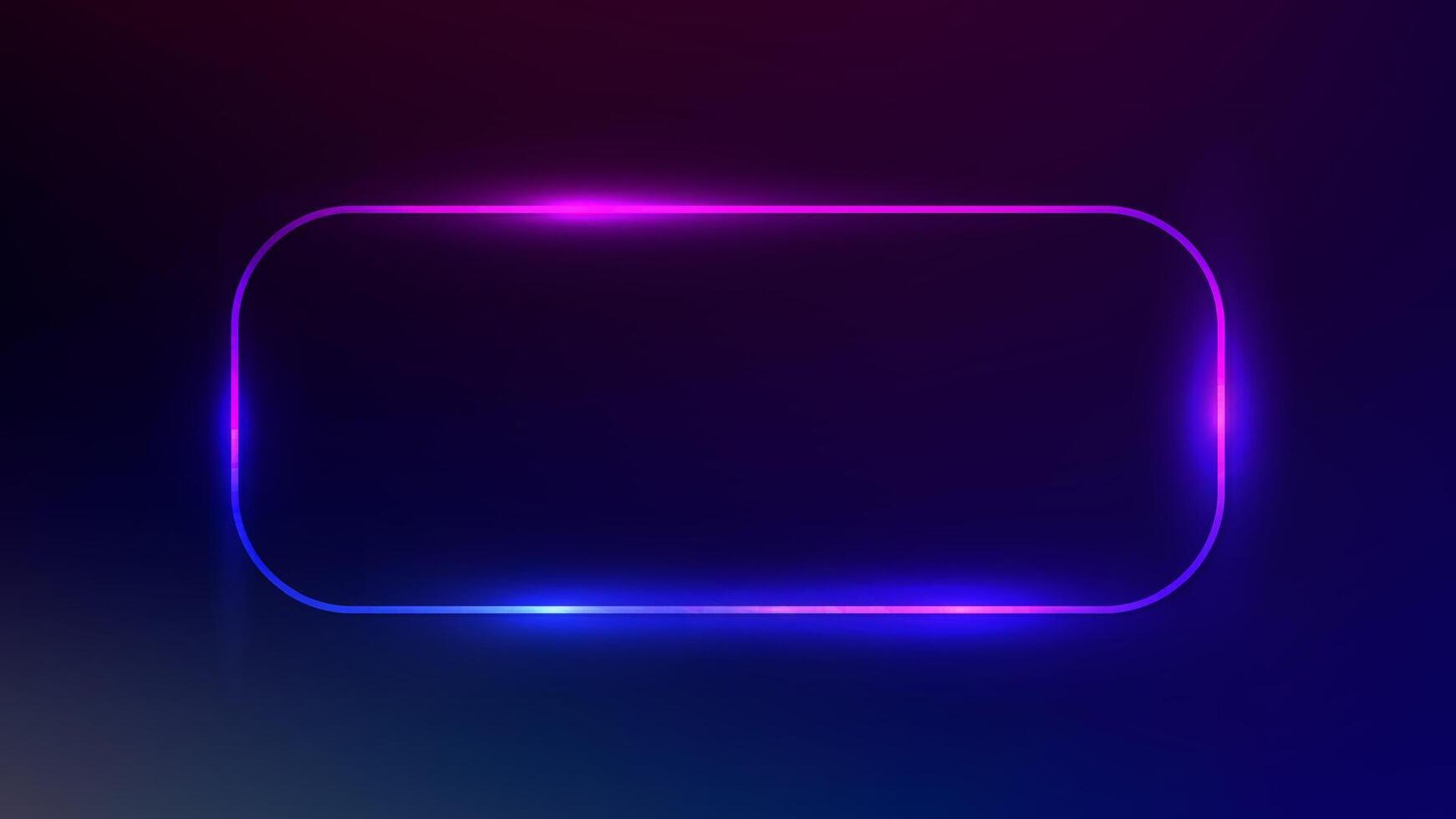 Neon rounded rectangle frame with shining effects on dark purple. Empty glowing techno backdrop. illustration vector