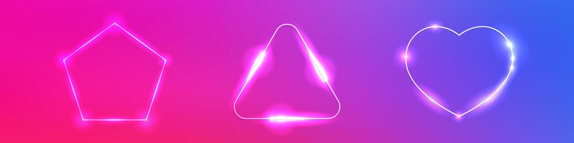 Set of three neon frames with shining effects on dark purple background. Empty glowing techno backdrop. illustration vector