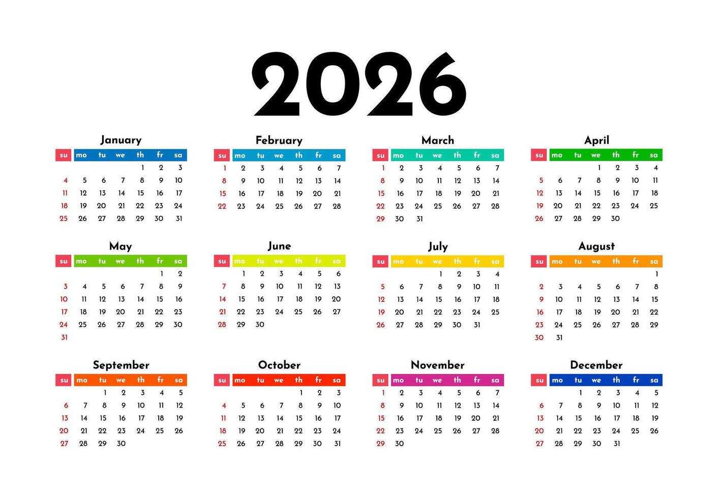 Calendar for 2026 isolated on background. Sunday to Monday, business template. vector