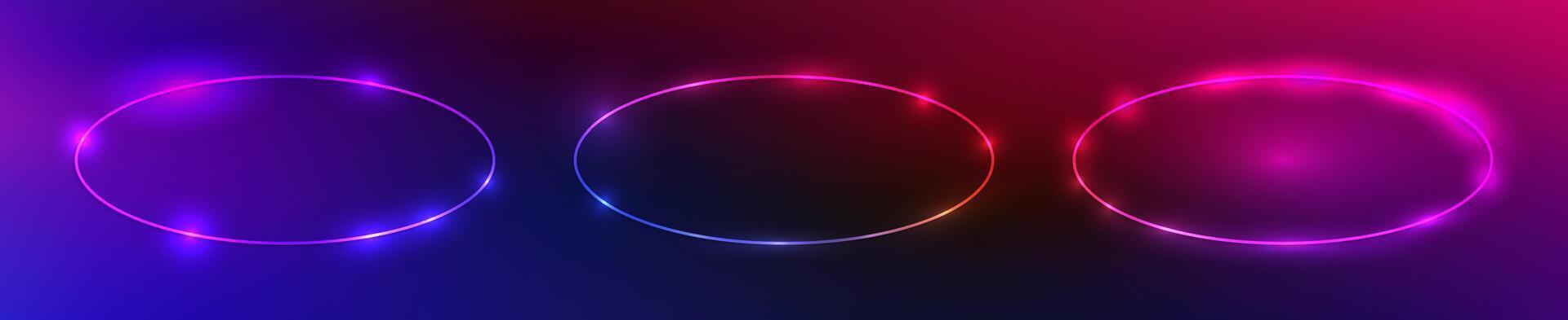 Set of three neon oval frames with shining effects on dark purple background. Empty glowing techno backdrop. illustration vector