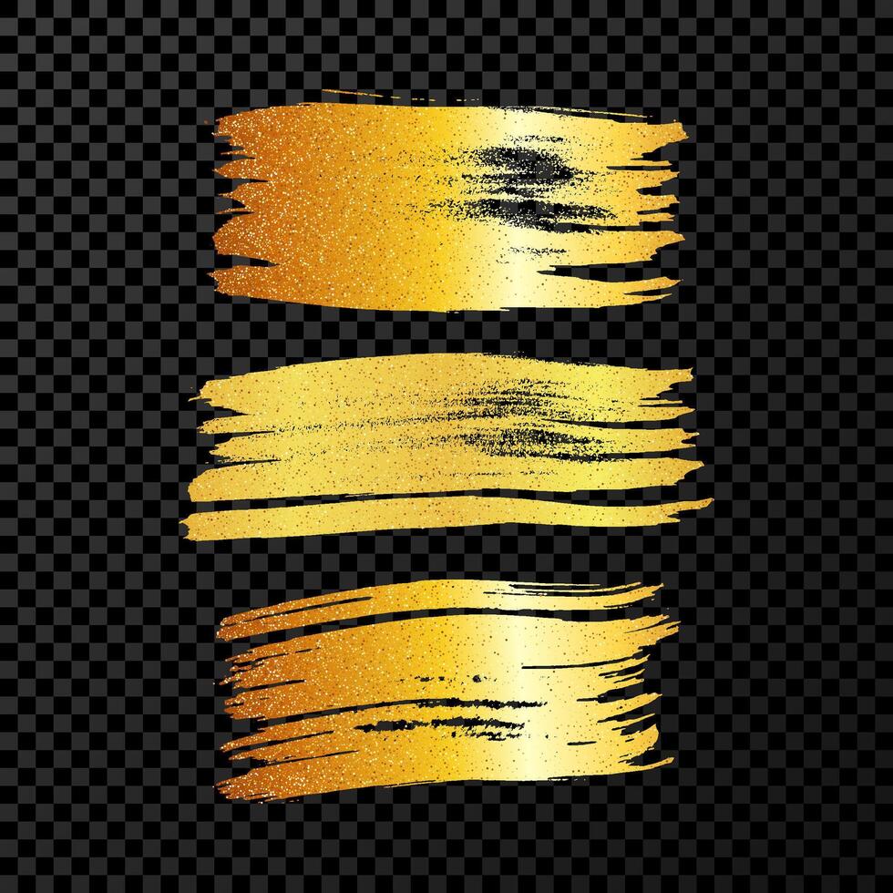Set of three gold brush strokes. Hand drawn ink spots on dark . illustration vector