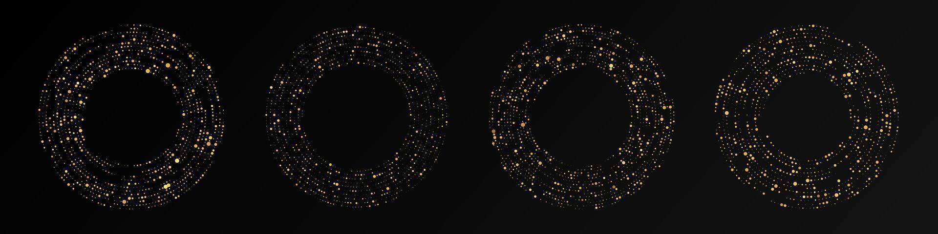 Abstract gold halftone dotted background. Set of four gold glitter patterns in circle form. Circle halftone dots. illustration vector