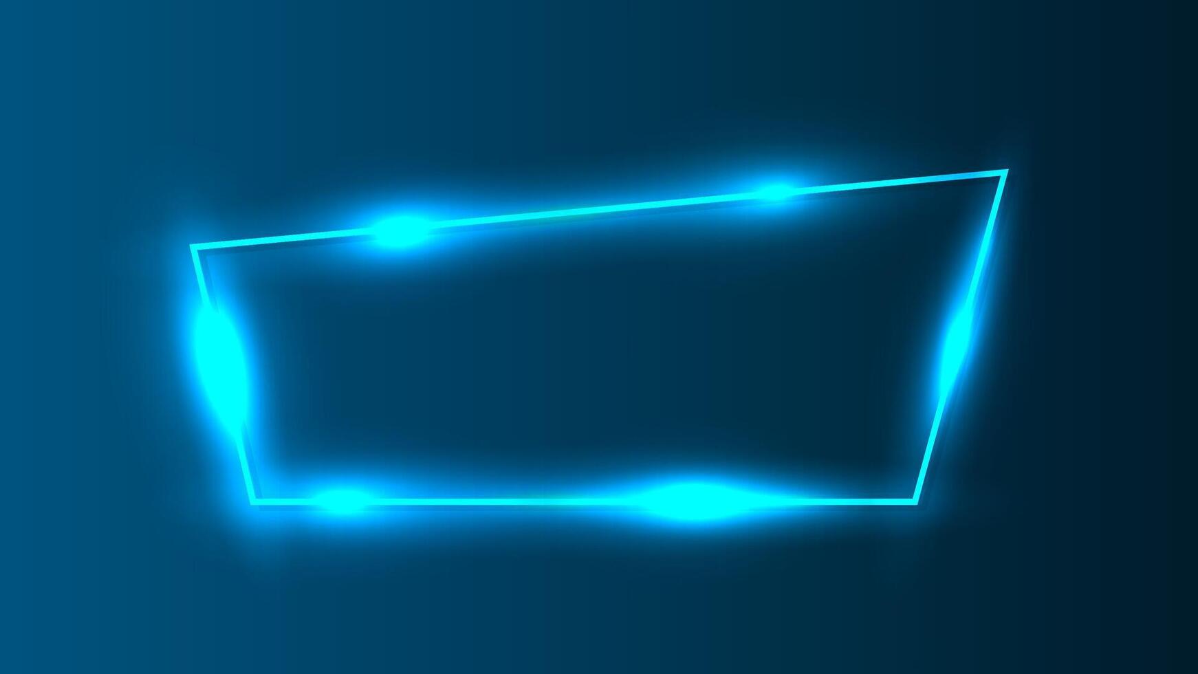 Neon trapezoid frame with shining effects on dark blue background. Empty glowing techno backdrop. illustration vector