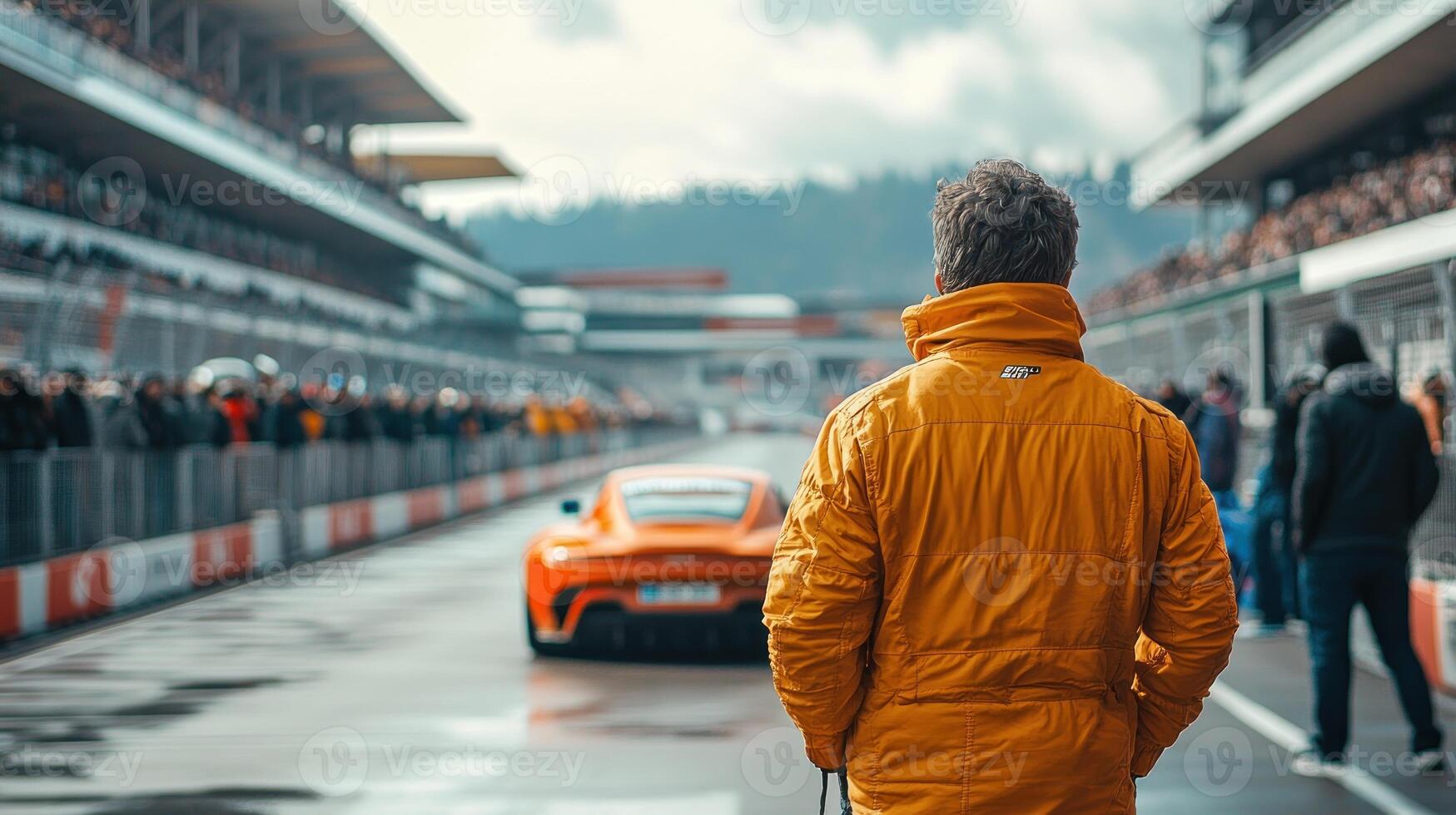 A man in an orange jacket is looking at a race car photo