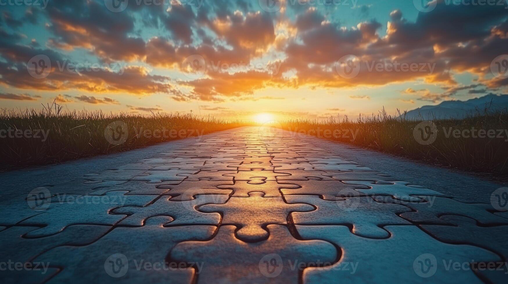 A road with puzzle pieces on it at sunset photo