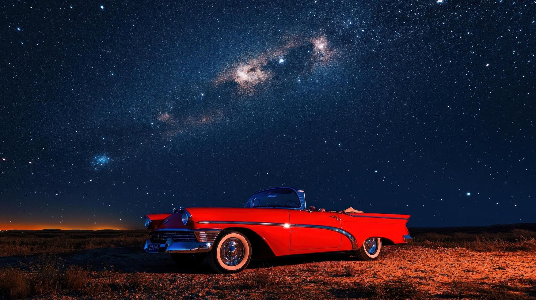 A red car is parked in the desert under a starry sky photo