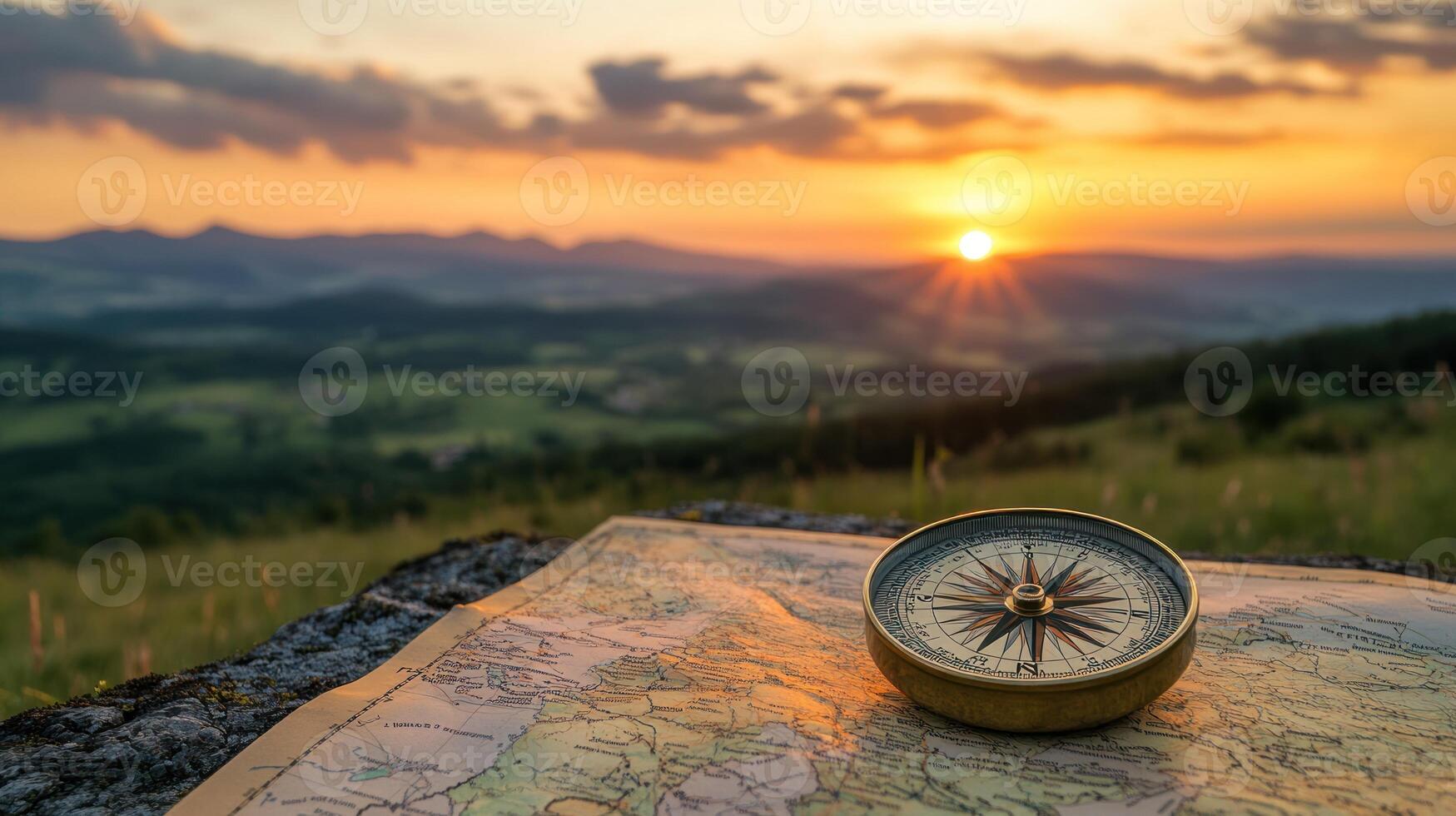 A compass on a map at sunset photo