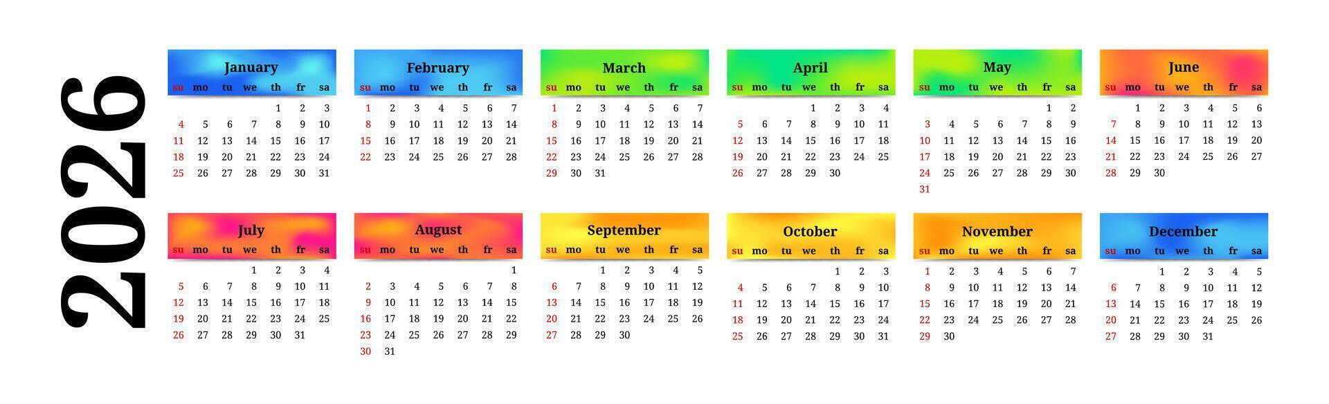 calendar for 2026 isolated on background. Sunday to Monday, business template. illustration vector