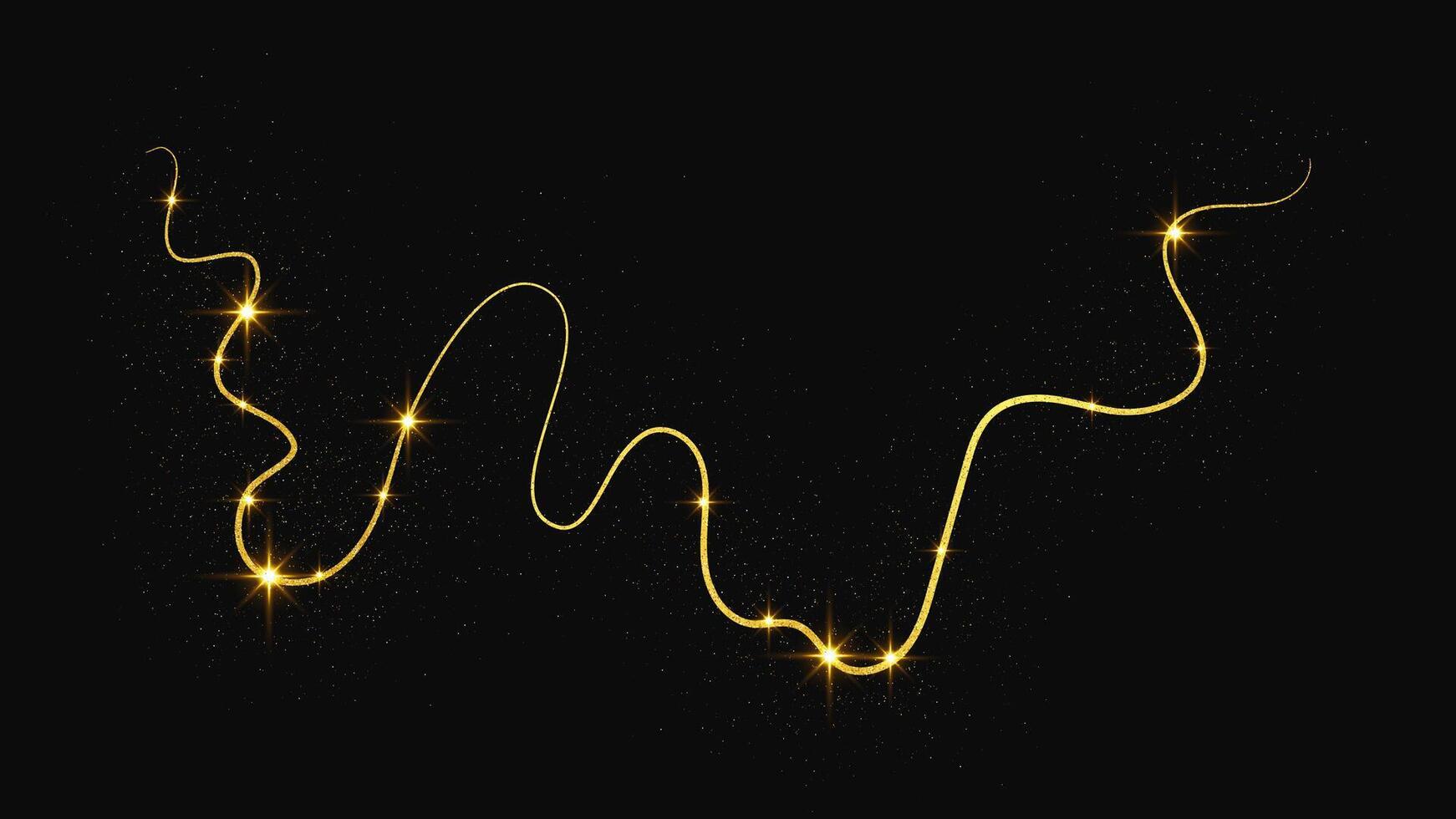 Gold glittering confetti wave and stardust. Golden sparkles on dark background. vector