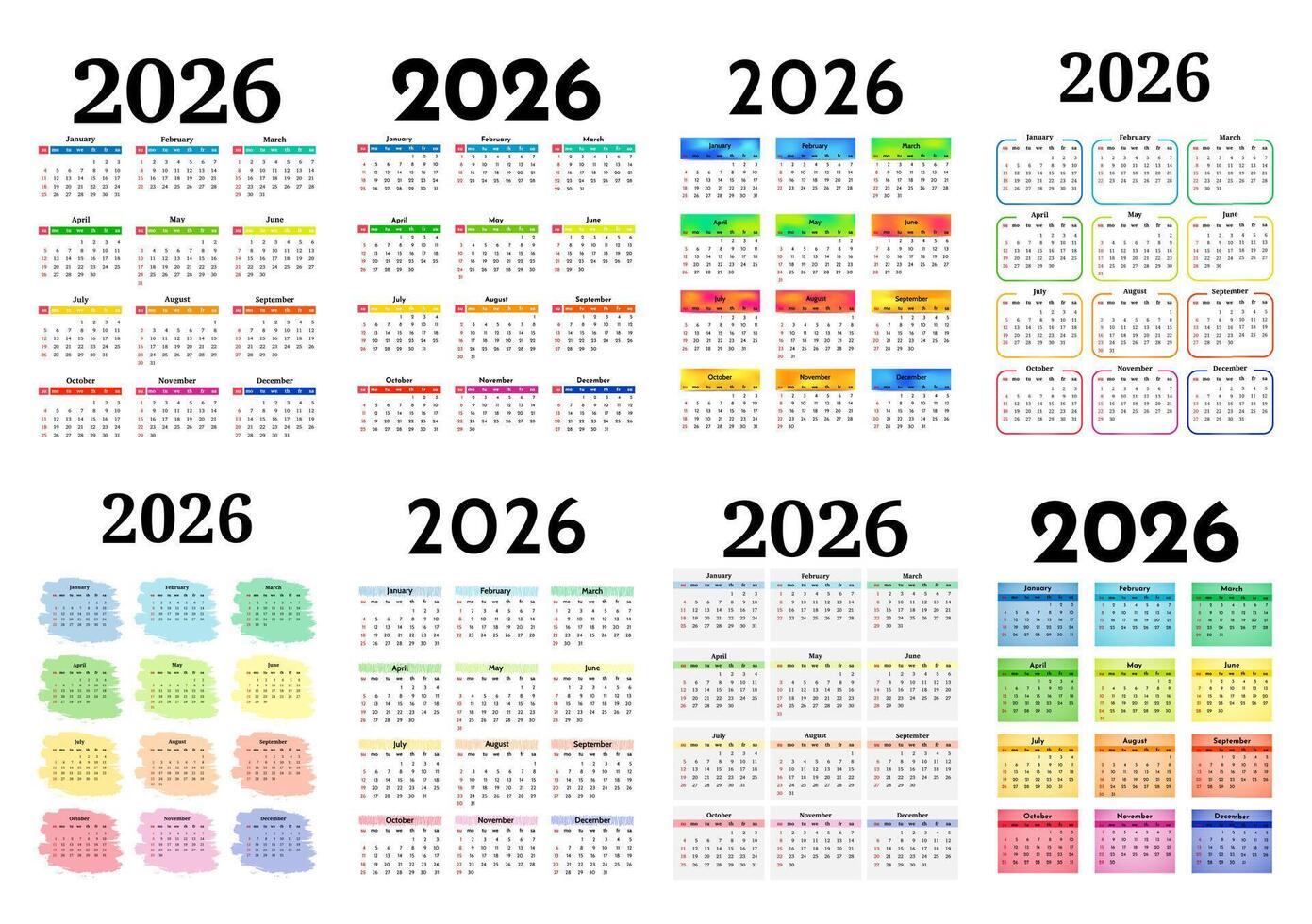 Set of eight vertical calendars for 2026 isolated on a white background. Sunday to Monday, business template. illustration vector