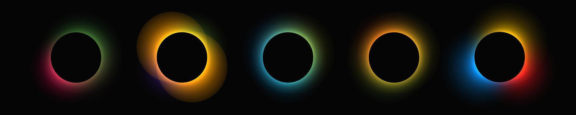Circle illuminate frame with gradient. Set of five round neon banners on black background. illustration vector