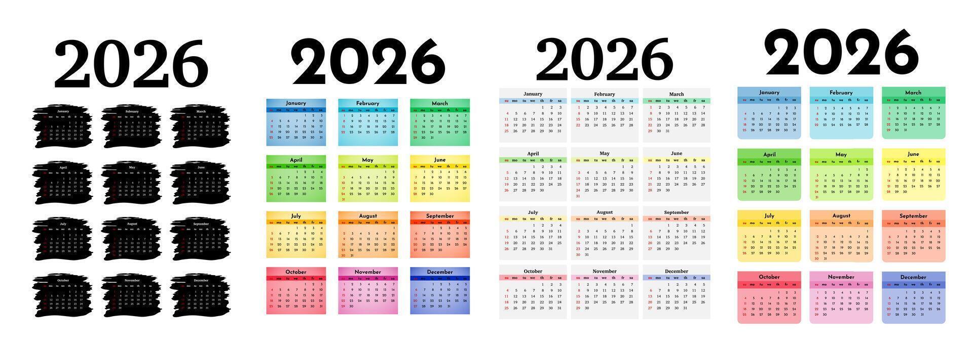 Set of four vertical calendars for 2026 isolated on a white background. Sunday to Monday, business template. illustration vector