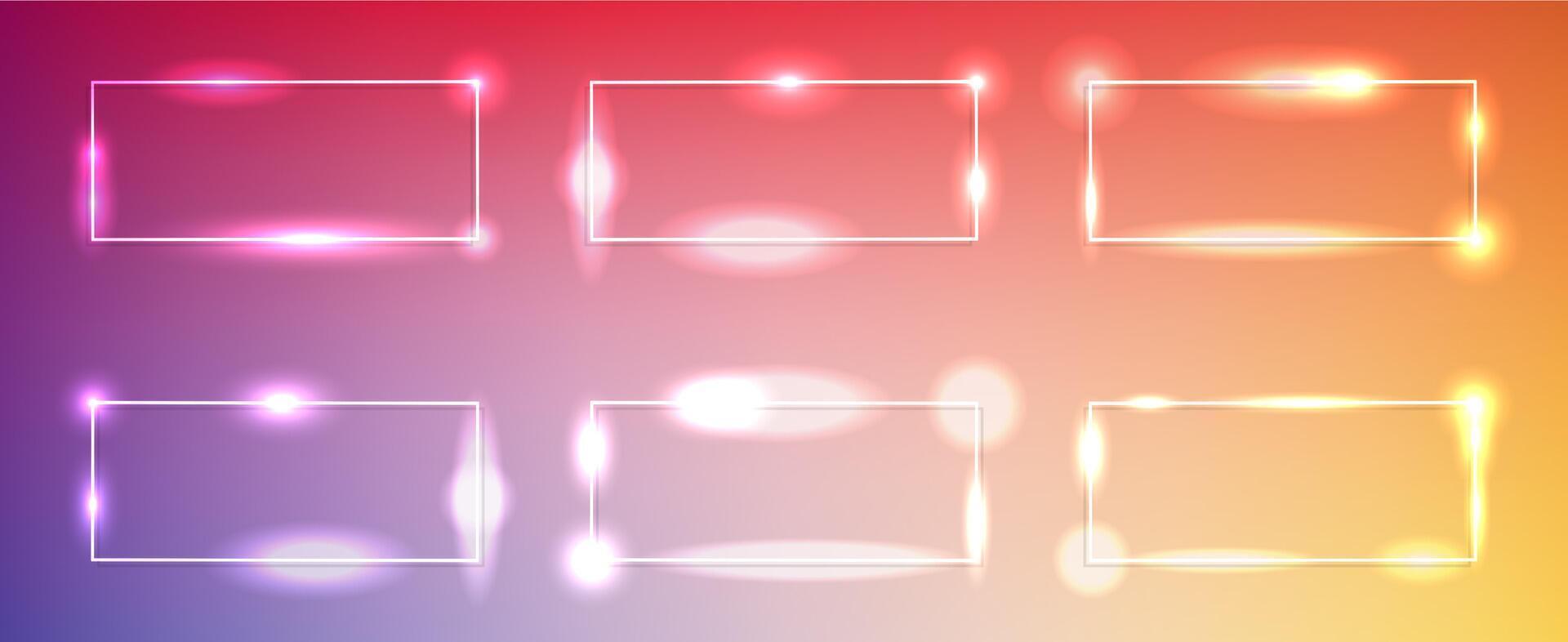 Set of six neon rectangular frames with shining effects and sparkles on orange background. Empty glowing techno backdrop. illustration vector
