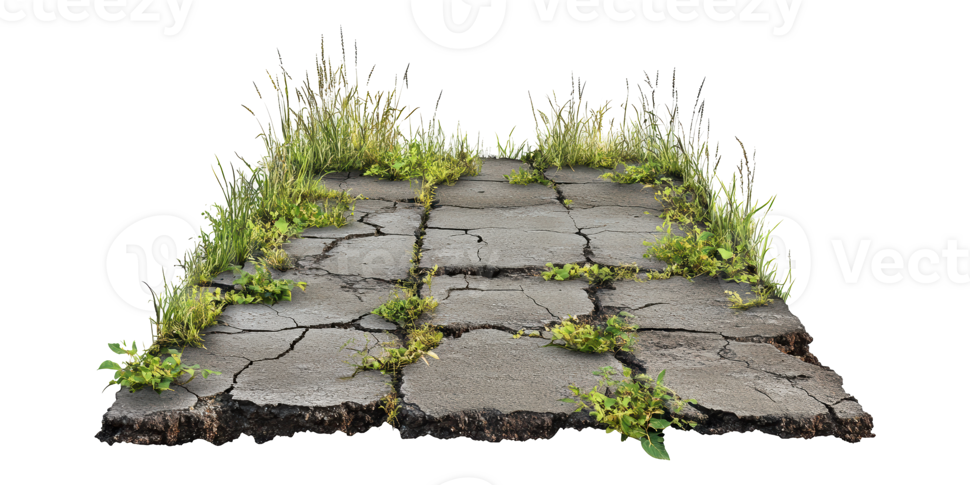 Cracked Pavement With Overgrown Grass Isolated On Transparent Background png
