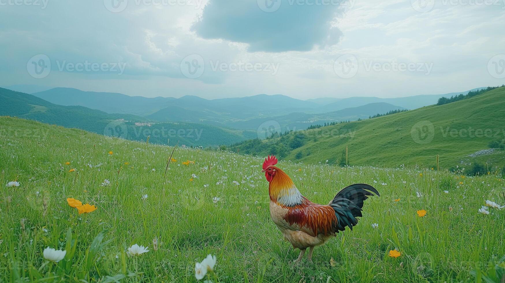 A rooster stands in a field of flowers photo