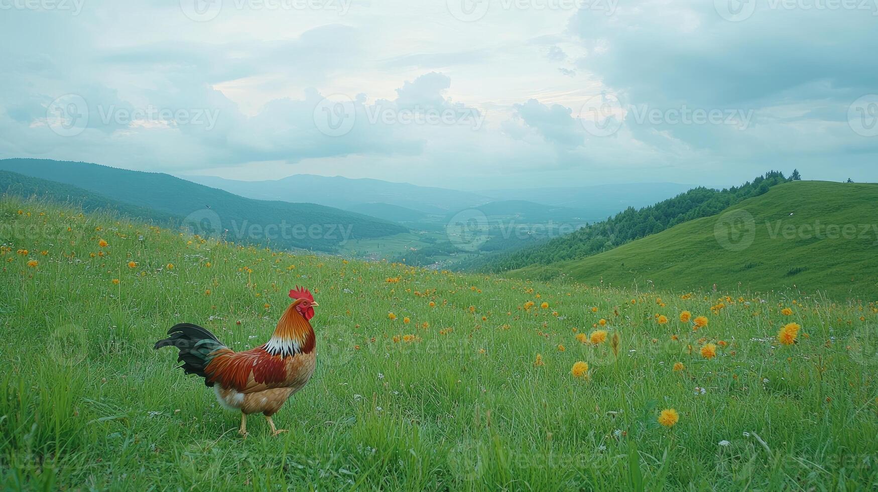 A rooster standing in a field of flowers photo