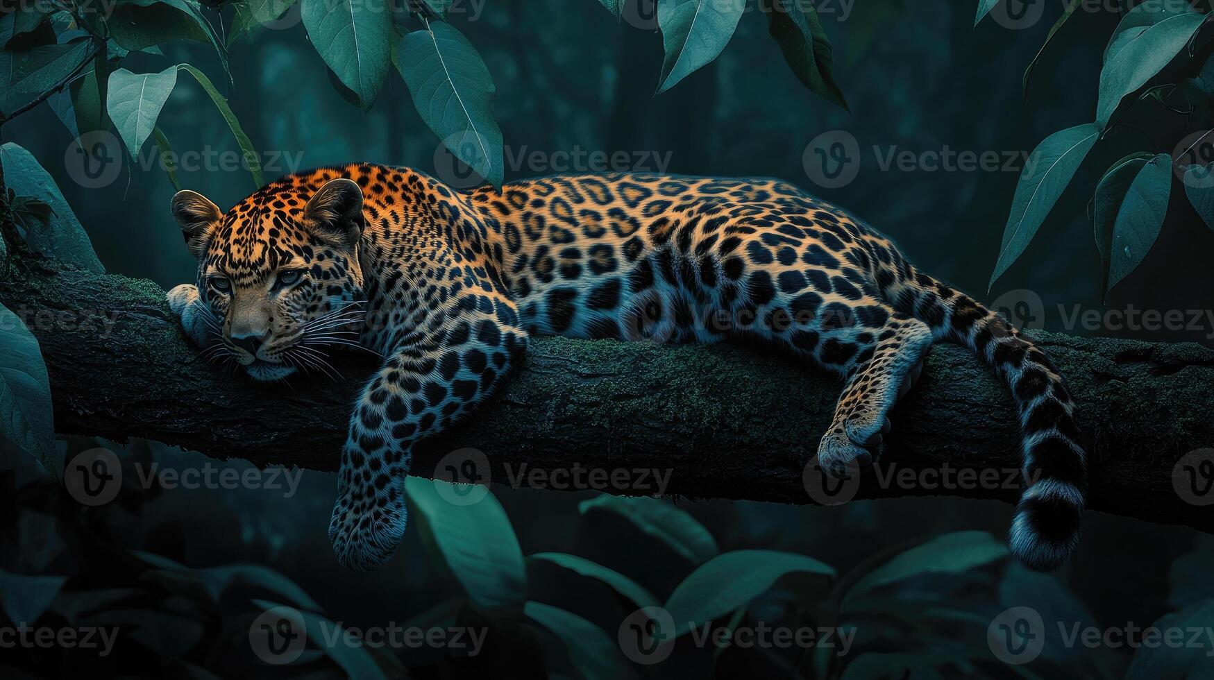 A leopard is sleeping on a tree branch photo