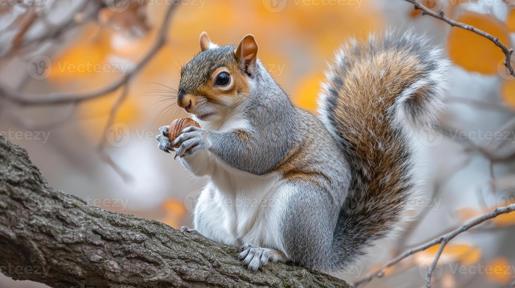 A squirrel is sitting on a tree branch with an acorn in its mouth photo