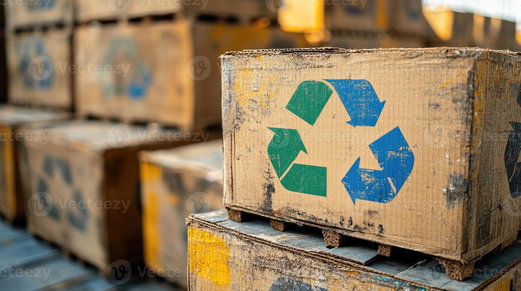 A stack of cardboard boxes with a recycling symbol on them photo