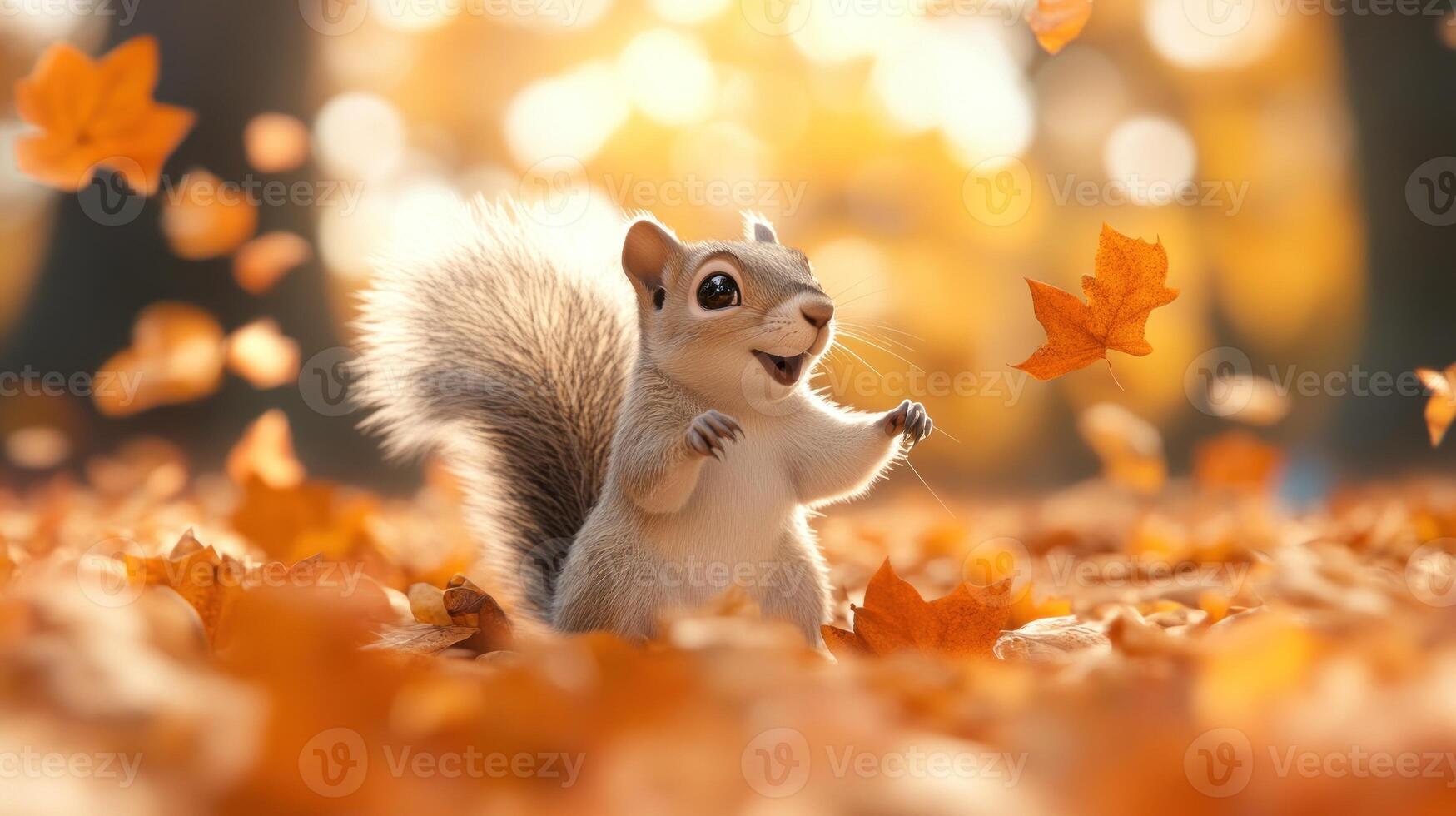 A squirrel is standing in the leaves with its arms outstretched photo