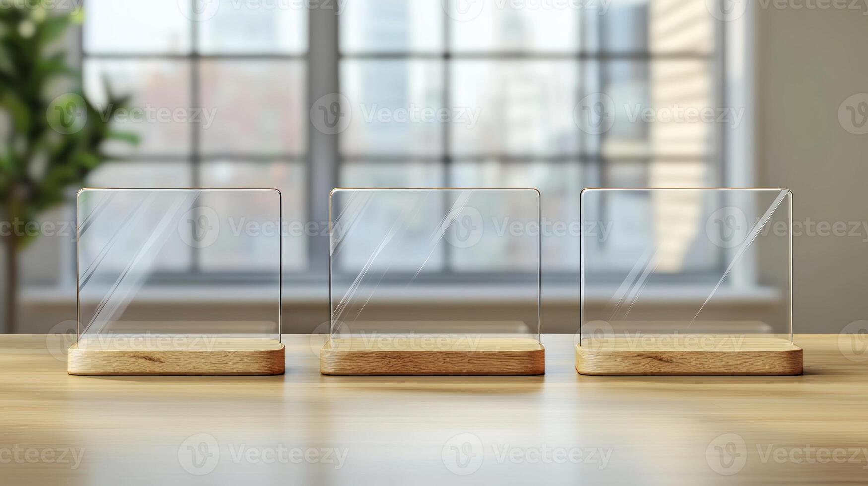 Three glass display cases on a wooden table photo
