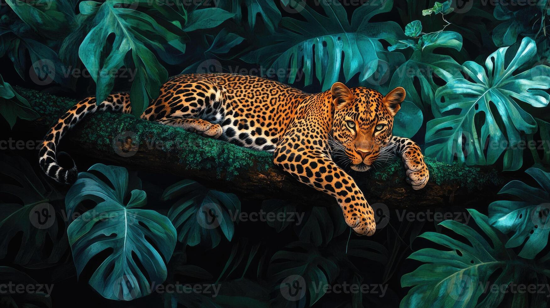 A painting of a leopard resting on a tree branch photo