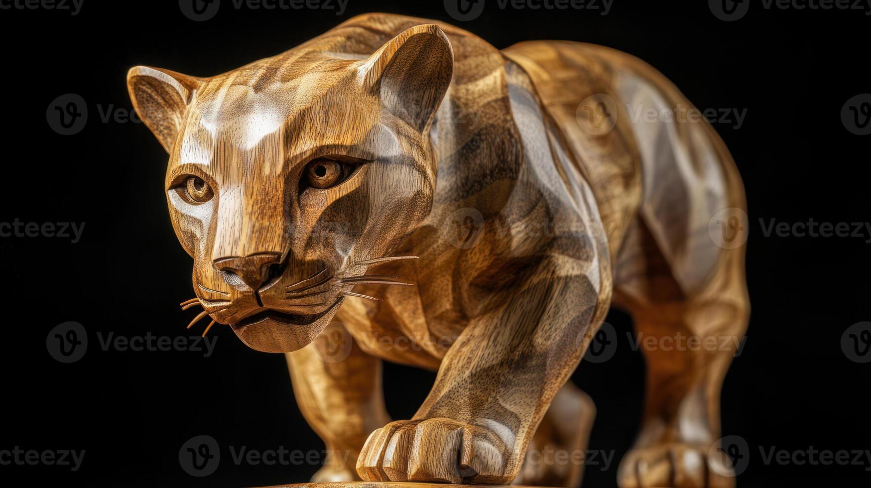 A wooden sculpture of a panther on a wooden base photo