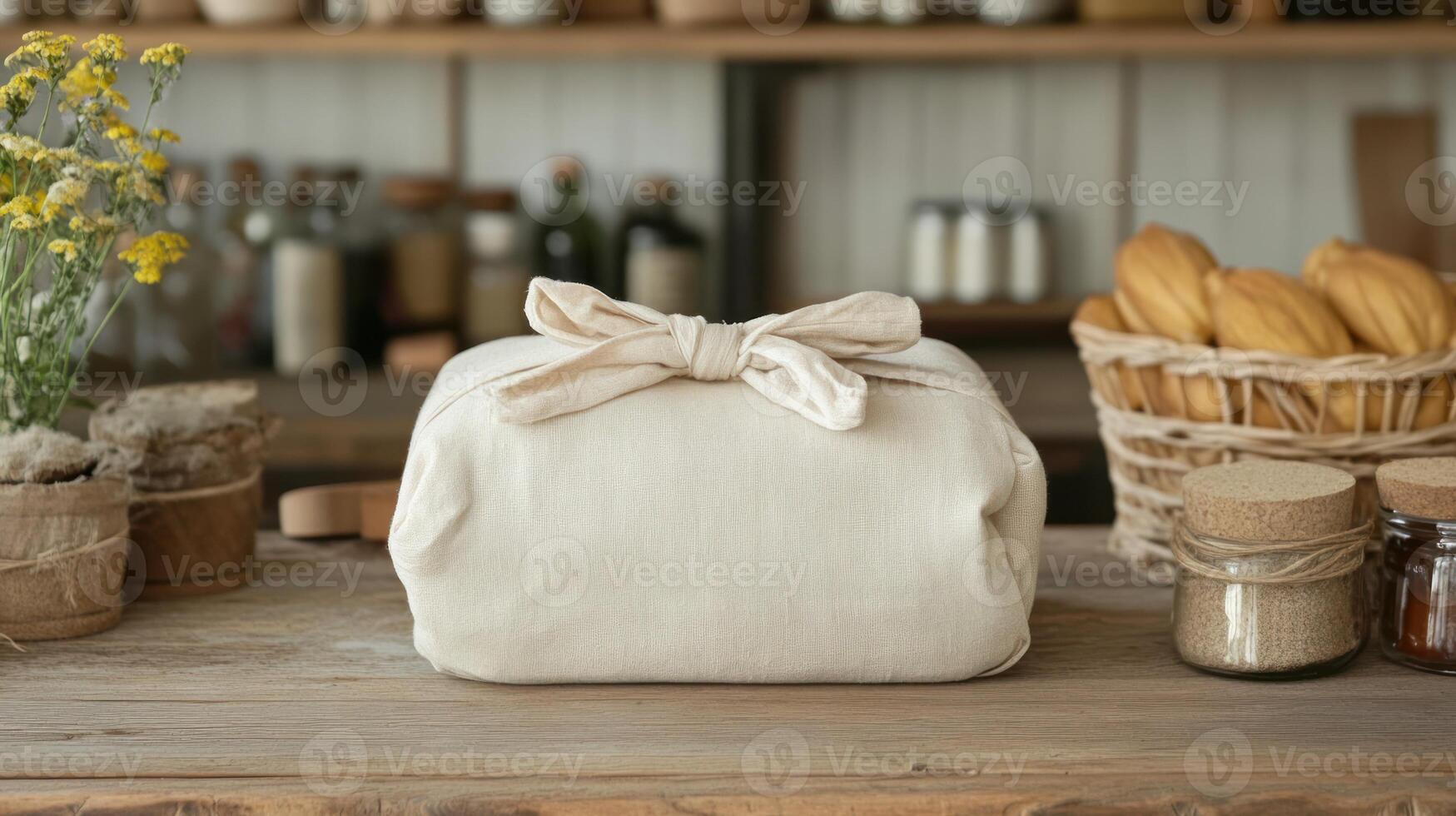 A white bag sitting on a wooden table with bread and other items photo