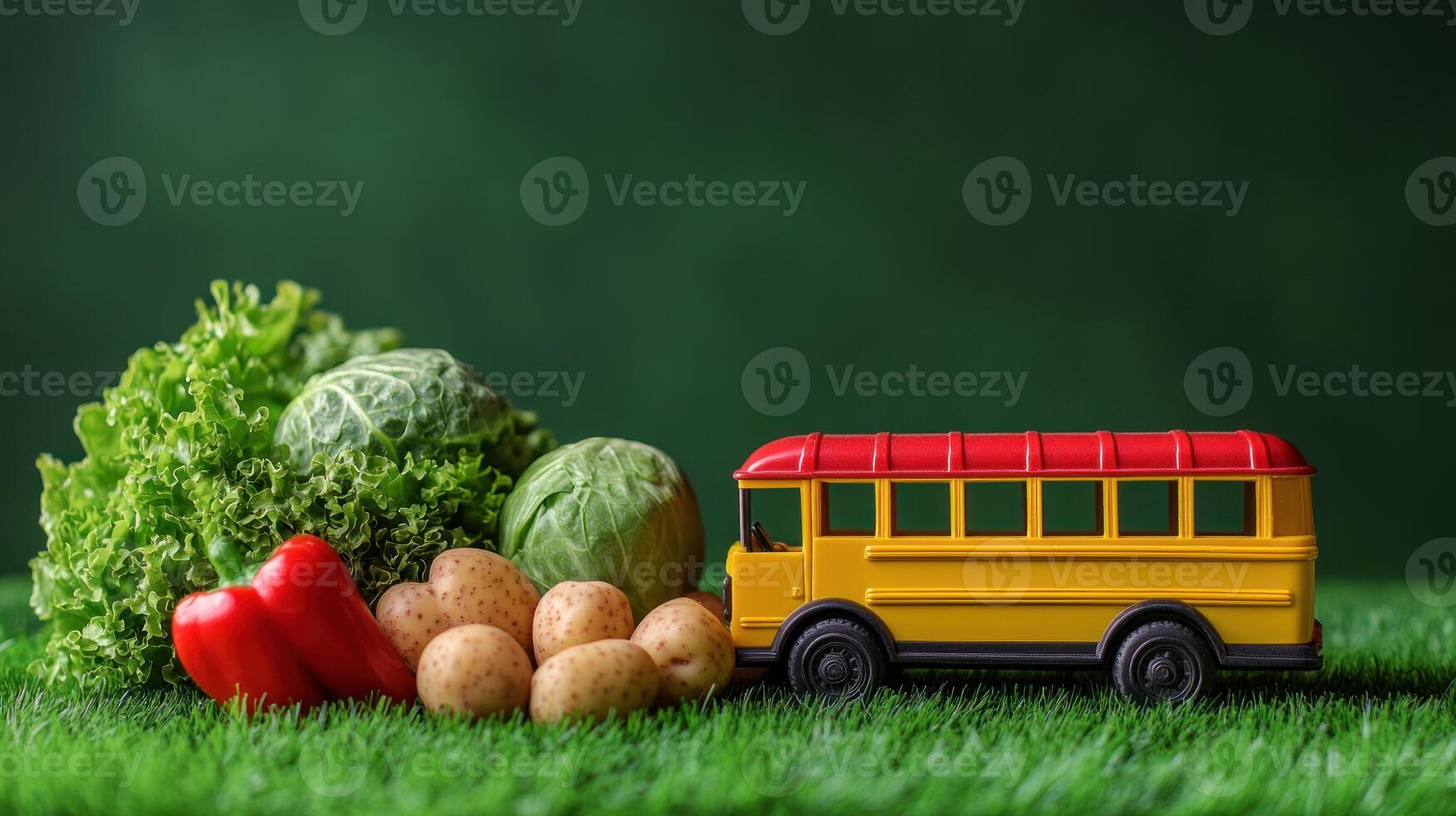 A school bus is sitting on the grass with vegetables photo