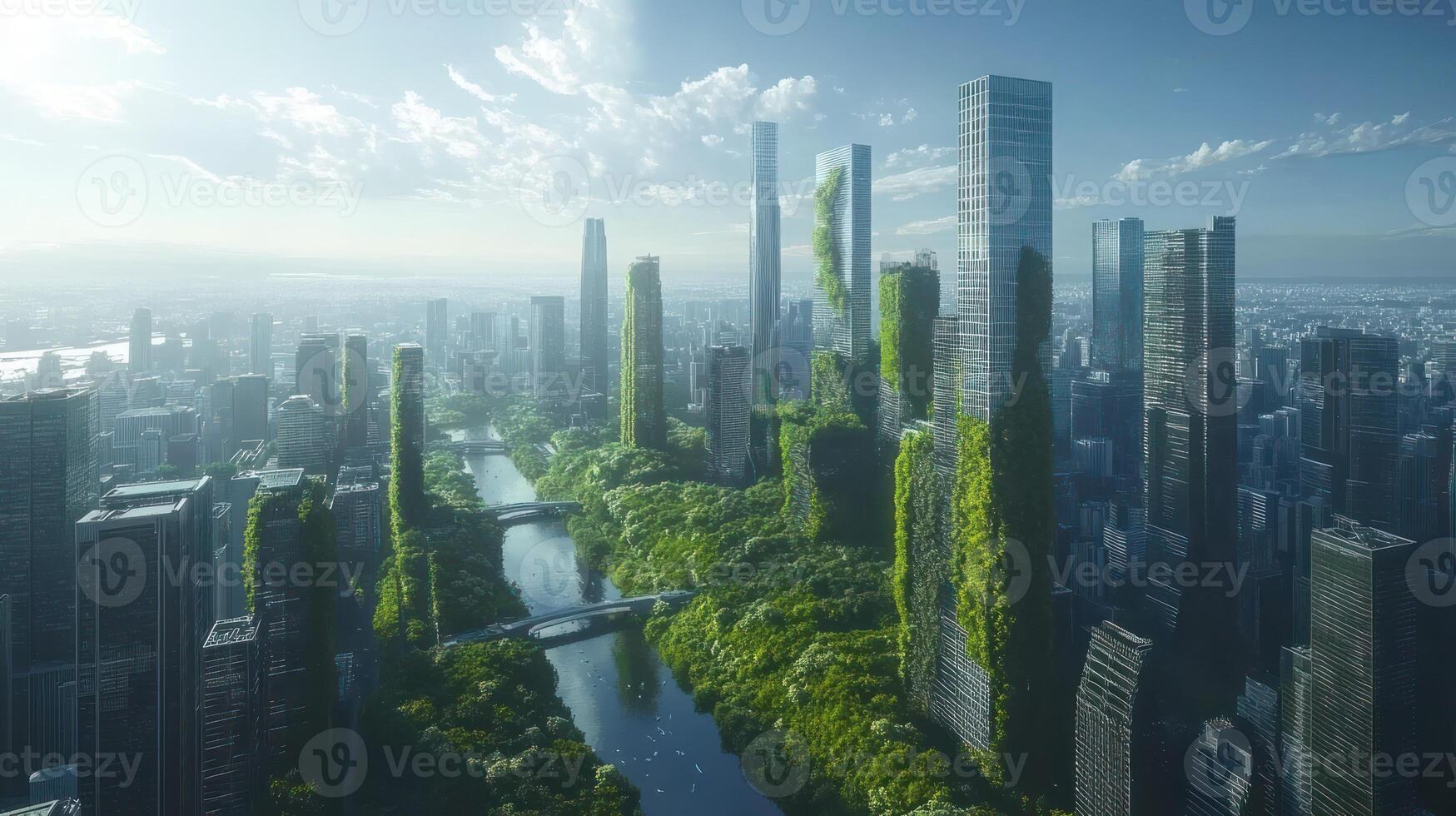 A city with tall buildings and trees photo