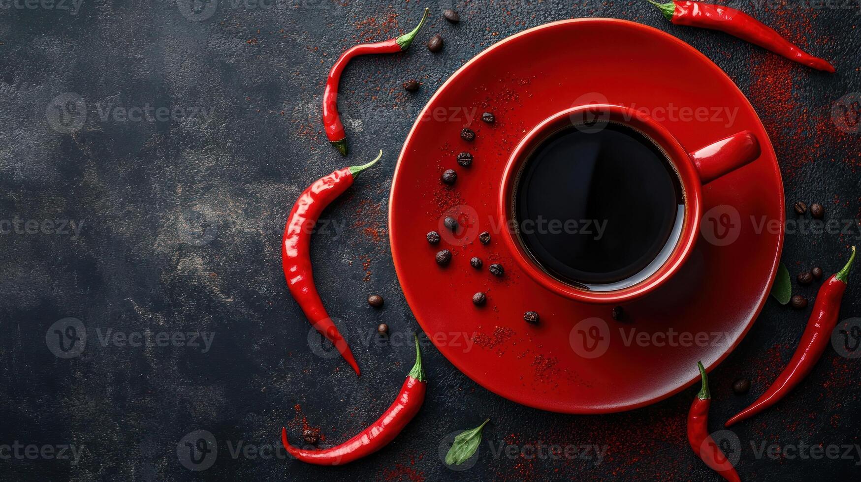 Coffee and chili peppers on a dark background top view photo