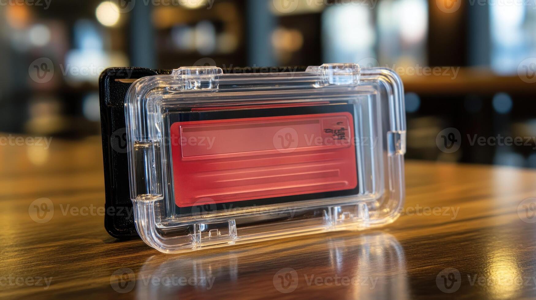 A red card is sitting in a clear case photo