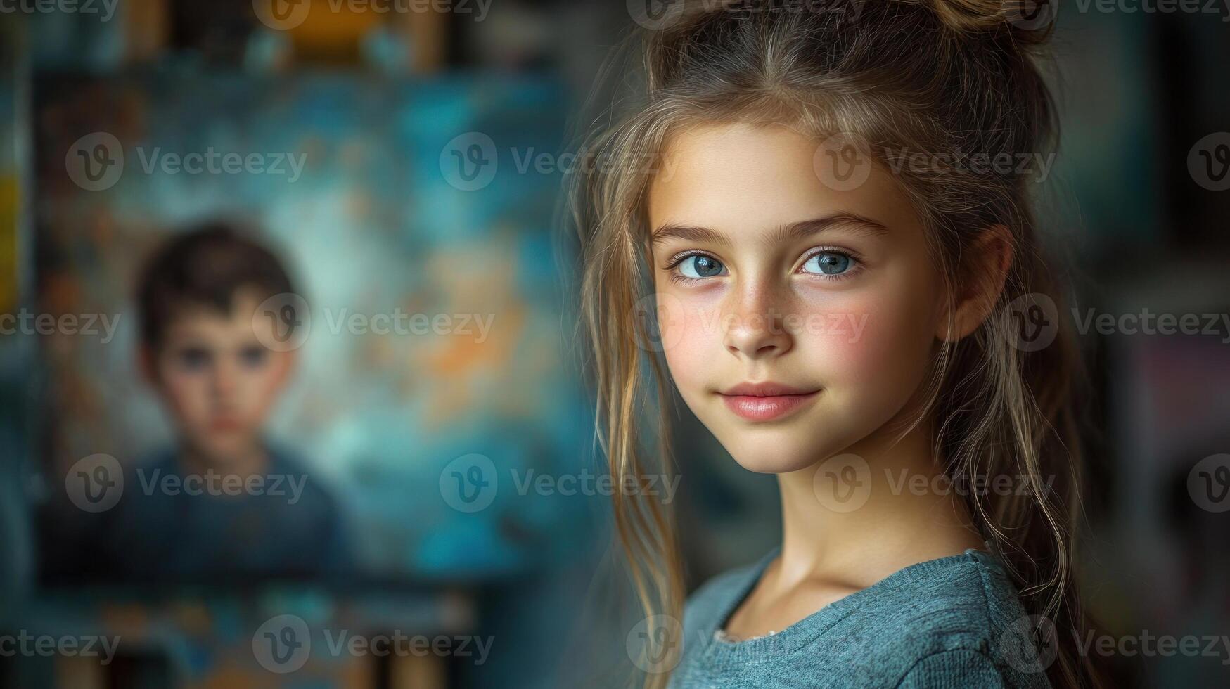 A young girl is looking at the camera in front of a painting photo
