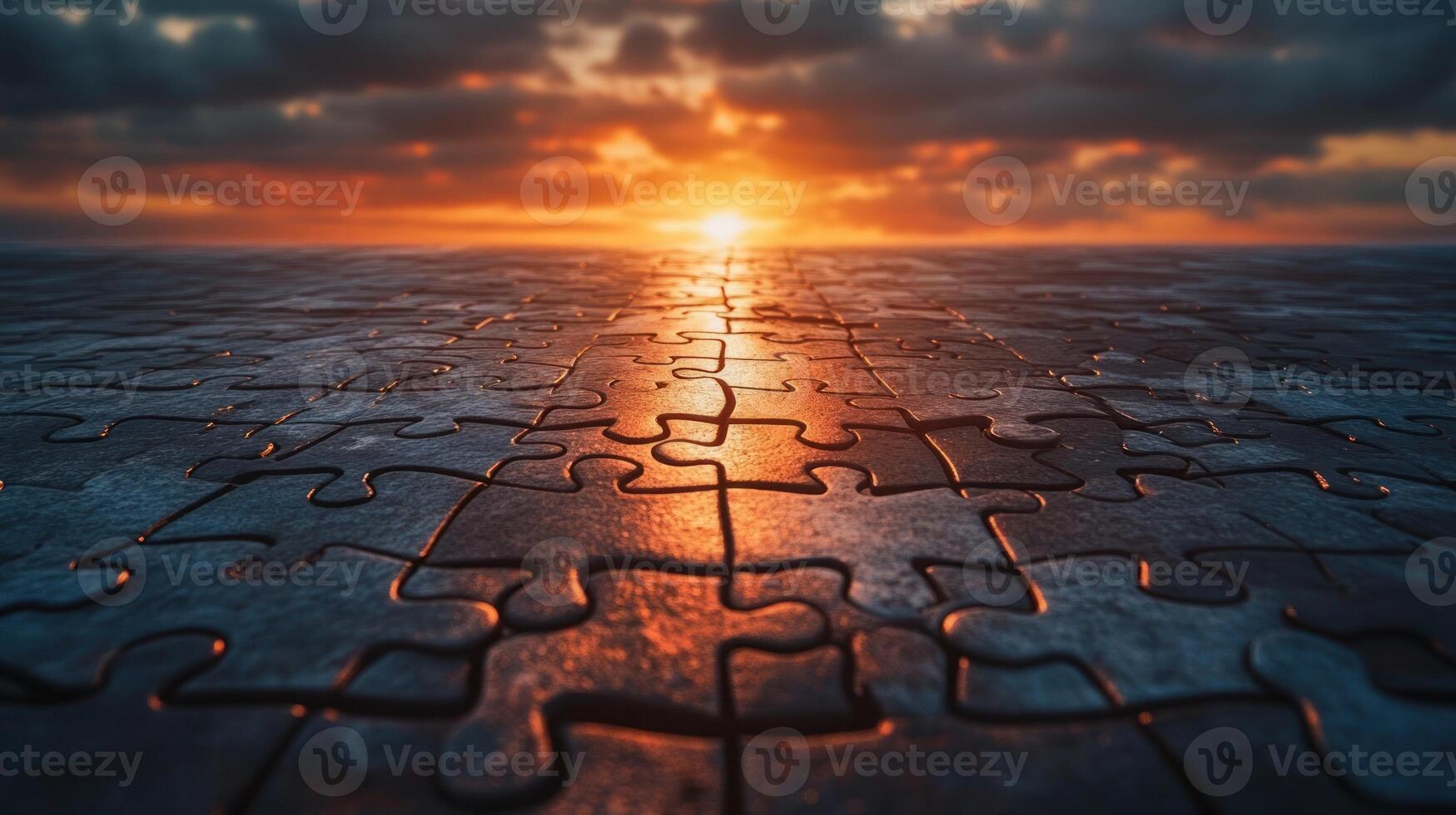 A piece of puzzle is shown in the foreground with the sun setting photo