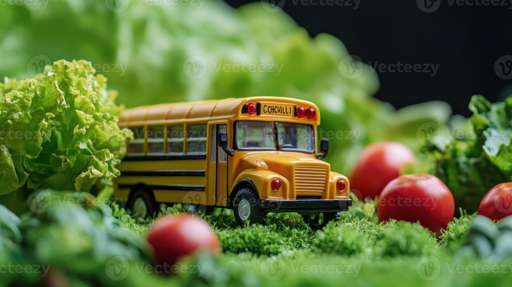 A school bus is sitting on top of a green field photo